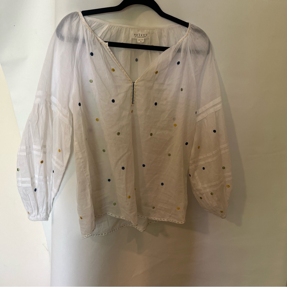 White lightweight quality Cotton Poca dot Blouse By Velvet